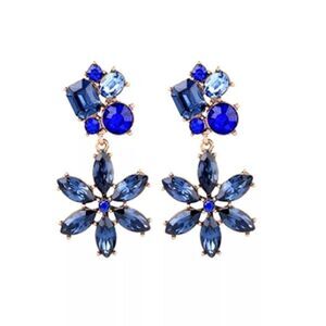 Blue Flower Crystal Vintage Gold Dangle Statement Earrings